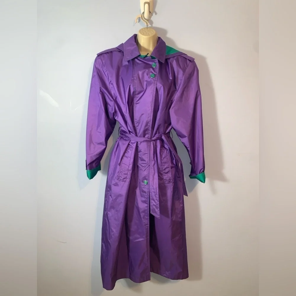 J. Gallery Purple and Teal long double breasted trench coat vintage 80’s size 12